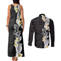 Black Samoa Tattoo Couples Matching Tank Maxi Dress and Long Sleeve Button Shirt Plumeria Samoan Ocean Tatau Pattern - Polynesian Pride