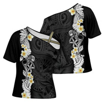 Black Samoa Tattoo Cross Shoulder Shirt Plumeria Samoan Ocean Tatau Pattern - Polynesian Pride