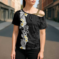Black Samoa Tattoo Cross Shoulder Shirt Plumeria Samoan Ocean Tatau Pattern - Polynesian Pride