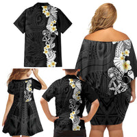 Black Samoa Tattoo Family Matching Off Shoulder Short Dress and Hawaiian Shirt Plumeria Samoan Ocean Tatau Pattern - Polynesian Pride