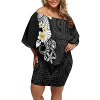 Black Samoa Tattoo Family Matching Off Shoulder Short Dress and Hawaiian Shirt Plumeria Samoan Ocean Tatau Pattern - Polynesian Pride