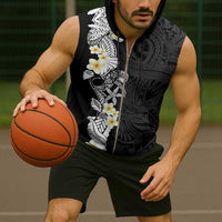 Black Samoa Tattoo Sleeveless Zip Hoodie Plumeria Samoan Ocean Tatau Pattern - Polynesian Pride