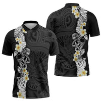 Black Samoa Tattoo Zipper Polo Shirt Plumeria Samoan Ocean Tatau Pattern LT14 - Polynesian Pride