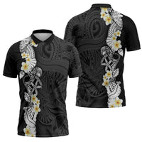 Black Samoa Tattoo Zipper Polo Shirt Plumeria Samoan Ocean Tatau Pattern - Polynesian Pride