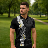 Black Samoa Tattoo Zipper Polo Shirt Plumeria Samoan Ocean Tatau Pattern - Polynesian Pride
