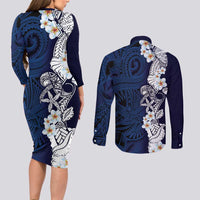 Blue Samoa Tattoo Couples Matching Long Sleeve Bodycon Dress and Long Sleeve Button Shirt Plumeria Samoan Ocean Tatau Pattern - Polynesian Pride