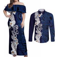 Blue Samoa Tattoo Couples Matching Off Shoulder Maxi Dress and Long Sleeve Button Shirt Plumeria Samoan Ocean Tatau Pattern - Polynesian Pride