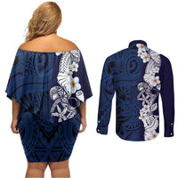 Blue Samoa Tattoo Couples Matching Off Shoulder Short Dress and Long Sleeve Button Shirt Plumeria Samoan Ocean Tatau Pattern - Polynesian Pride
