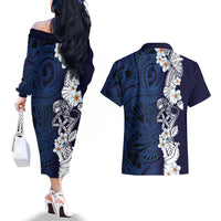 Blue Samoa Tattoo Couples Matching Off The Shoulder Long Sleeve Dress and Hawaiian Shirt Plumeria Samoan Ocean Tatau Pattern - Polynesian Pride