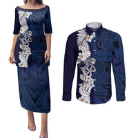 Blue Samoa Tattoo Couples Matching Puletasi and Long Sleeve Button Shirt Plumeria Samoan Ocean Tatau Pattern - Polynesian Pride