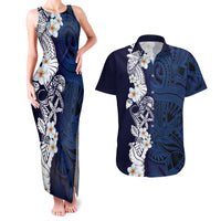 Blue Samoa Tattoo Couples Matching Tank Maxi Dress and Hawaiian Shirt Plumeria Samoan Ocean Tatau Pattern - Polynesian Pride