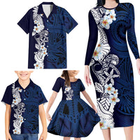 Blue Samoa Tattoo Family Matching Long Sleeve Bodycon Dress and Hawaiian Shirt Plumeria Samoan Ocean Tatau Pattern - Polynesian Pride