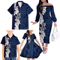 Blue Samoa Tattoo Family Matching Off The Shoulder Long Sleeve Dress and Hawaiian Shirt Plumeria Samoan Ocean Tatau Pattern - Polynesian Pride
