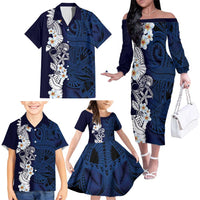 Blue Samoa Tattoo Family Matching Off The Shoulder Long Sleeve Dress and Hawaiian Shirt Plumeria Samoan Ocean Tatau Pattern - Polynesian Pride