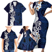 Blue Samoa Tattoo Family Matching Short Sleeve Bodycon Dress and Hawaiian Shirt Plumeria Samoan Ocean Tatau Pattern - Polynesian Pride
