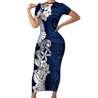 Blue Samoa Tattoo Family Matching Short Sleeve Bodycon Dress and Hawaiian Shirt Plumeria Samoan Ocean Tatau Pattern - Polynesian Pride