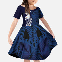 Blue Samoa Tattoo Kid Short Sleeve Dress Plumeria Samoan Ocean Tatau Pattern - Polynesian Pride