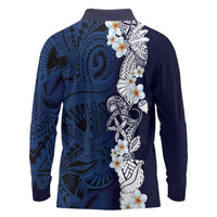 Blue Samoa Tattoo Long Sleeve Polo Shirt Plumeria Samoan Ocean Tatau Pattern - Polynesian Pride