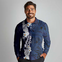 Blue Samoa Tattoo Long Sleeve Polo Shirt Plumeria Samoan Ocean Tatau Pattern - Polynesian Pride