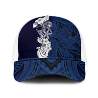 Blue Samoa Tattoo Mesh Trucker Cap Plumeria Samoan Ocean Tatau Pattern - Polynesian Pride