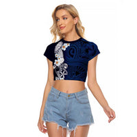 Blue Samoa Tattoo Raglan Cropped T Shirt Plumeria Samoan Ocean Tatau Pattern LT14 Female Blue - Polynesian Pride