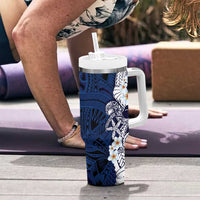 Blue Samoa Tattoo Tumbler With Handle Plumeria Samoan Ocean Tatau Pattern - Polynesian Pride
