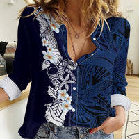 Blue Samoa Tattoo Women Casual Shirt Plumeria Samoan Ocean Tatau Pattern - Polynesian Pride