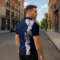 Blue Samoa Tattoo Zipper Polo Shirt Plumeria Samoan Ocean Tatau Pattern - Polynesian Pride
