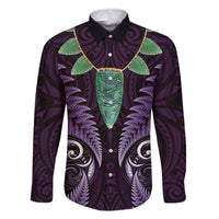Aotearoa Pounamu Niho Family Matching Long Sleeve Bodycon Dress and Hawaiian Shirt Silver Fern Mix Maori Pattern - Purple