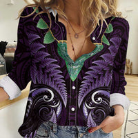 Aotearoa Pounamu Niho Women Casual Shirt Silver Fern Mix Maori Pattern - Purple