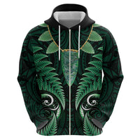 Aotearoa Pounamu Niho Zip Hoodie Silver Fern Mix Maori Pattern - Green