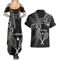 New Zealand Tiki Tennis Couples Matching Summer Maxi Dress and Hawaiian Shirt 2024 Aotearoa Tenehi Maori Silver Fern - Black LT14 - Polynesian Pride