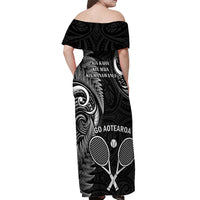 New Zealand Tiki Tennis Off Shoulder Maxi Dress 2024 Aotearoa Tenehi Maori Silver Fern - Black LT14 - Polynesian Pride