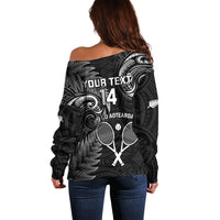 Custom New Zealand Tiki Tennis Off Shoulder Sweater 2024 Aotearoa Tenehi Maori Silver Fern - Black LT14 - Polynesian Pride