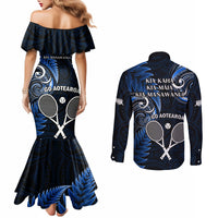 New Zealand Tiki Tennis Couples Matching Mermaid Dress and Long Sleeve Button Shirt 2024 Aotearoa Tenehi Maori Silver Fern - Blue LT14 - Polynesian Pride