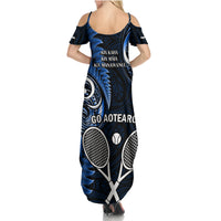 New Zealand Tiki Tennis Family Matching Summer Maxi Dress and Hawaiian Shirt 2024 Aotearoa Tenehi Maori Silver Fern - Blue LT14 - Polynesian Pride