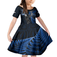 Custom New Zealand Tiki Tennis Family Matching Mermaid Dress and Hawaiian Shirt 2024 Aotearoa Tenehi Maori Silver Fern - Blue LT14 Daughter's Dress Blue - Polynesian Pride