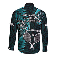 New Zealand Tiki Tennis Long Sleeve Button Shirt 2024 Aotearoa Tenehi Maori Silver Fern - Turquoise LT14 - Polynesian Pride