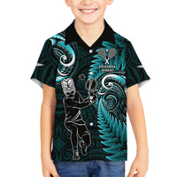 Custom New Zealand Tiki Tennis Family Matching Off Shoulder Short Dress and Hawaiian Shirt 2024 Aotearoa Tenehi Maori Silver Fern - Turquoise LT14 Son's Shirt Turquoise - Polynesian Pride