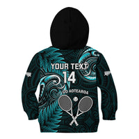 Custom New Zealand Tiki Tennis Kid Hoodie 2024 Aotearoa Tenehi Maori Silver Fern - Turquoise LT14 - Polynesian Pride