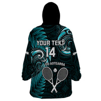 Custom New Zealand Tiki Tennis Wearable Blanket Hoodie 2024 Aotearoa Tenehi Maori Silver Fern - Turquoise LT14 - Polynesian Pride