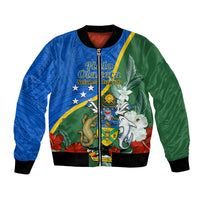 Personalised Halo Olaketa Solomon Islands Bomber Jacket Coat Of Arms With Tropical Flowers Flag Style LT14 Unisex Green - Polynesian Pride