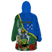 Personalised Halo Olaketa Solomon Islands Wearable Blanket Hoodie Coat Of Arms With Tropical Flowers Flag Style LT14 - Polynesian Pride