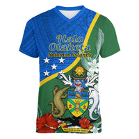 Personalised Halo Olaketa Solomon Islands Women V Neck T Shirt Coat Of Arms With Tropical Flowers Flag Style LT14 Female Green - Polynesian Pride