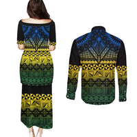 Halo Olaketa Solomon Islands Couples Matching Puletasi and Long Sleeve Button Shirt Melanesian Tribal Pattern Gradient Version LT14 - Polynesian Pride