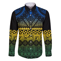 Halo Olaketa Solomon Islands Family Matching Off Shoulder Long Sleeve Dress and Hawaiian Shirt Melanesian Tribal Pattern Gradient Version LT14 Dad's Shirt - Long Sleeve Black - Polynesian Pride