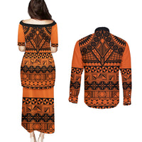 Halo Olaketa Solomon Islands Couples Matching Puletasi and Long Sleeve Button Shirt Melanesian Tribal Pattern Orange Version LT14 - Polynesian Pride