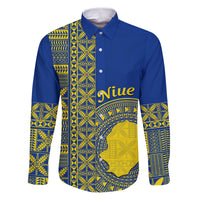Fakaalofa Lahi Atu Niue Family Matching Puletasi and Hawaiian Shirt Niuean Map With Hiapo Pattern Blue Version LT14 Dad's Shirt - Long Sleeve Blue - Polynesian Pride