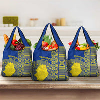 Fakaalofa Lahi Atu Niue Grocery Bag Niuean Map With Hiapo Pattern Blue Version