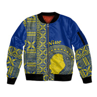 Fakaalofa Lahi Atu Niue Sleeve Zip Bomber Jacket Niuean Map With Hiapo Pattern Blue Version LT14 Unisex Blue - Polynesian Pride